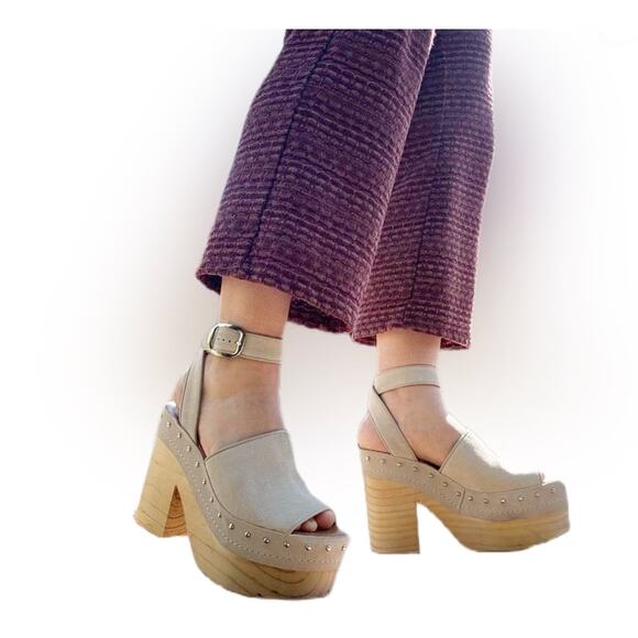 Zara Leather Suede Studded Wooden Heel Platform Sandals Clogs Size 9 - Picture 2 of 11